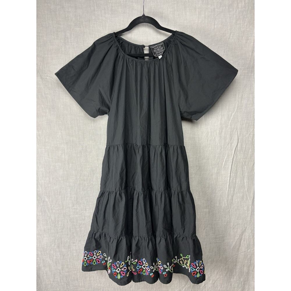 JOHNNY WAS Shift Dress Womens XL Black Tiered Midi Embroidered Peasant AMANZA